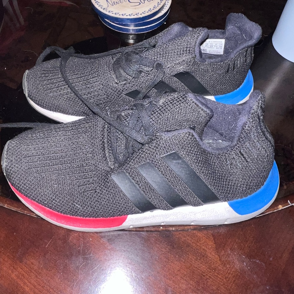 Adidas Black Knit Sneakers with Red and Blue Highlights